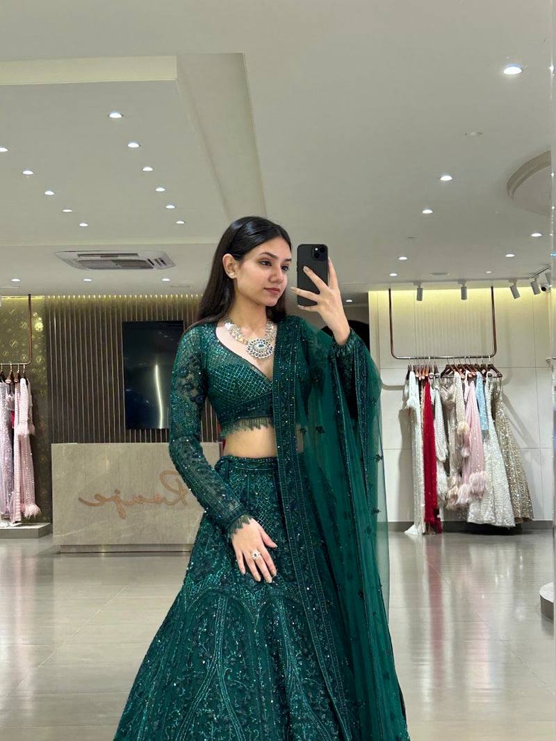 Wedding Wear Green Color Sequence Thread Work Lehenga Choli