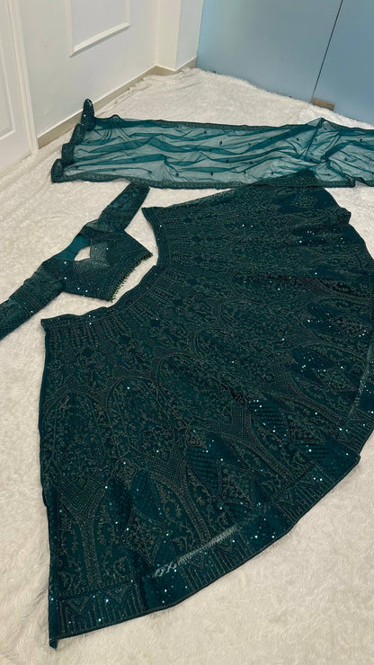 Wedding Wear Green Color Sequence Thread Work Lehenga Choli