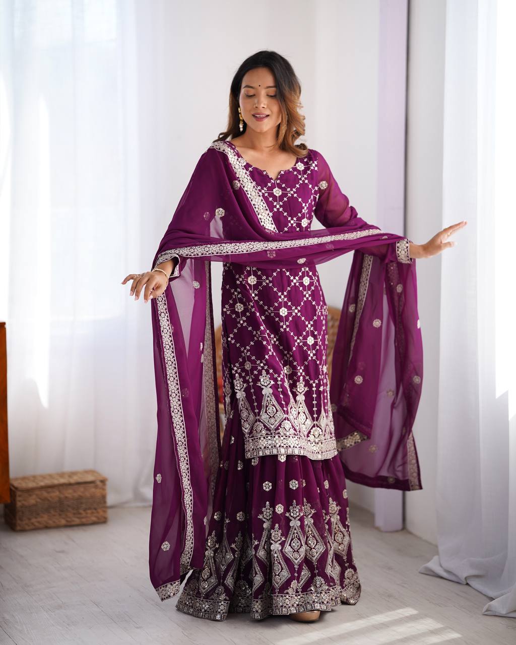 Party Wear Purple Color Faux Georgette And Thread With Sequence Work Sharara Suit