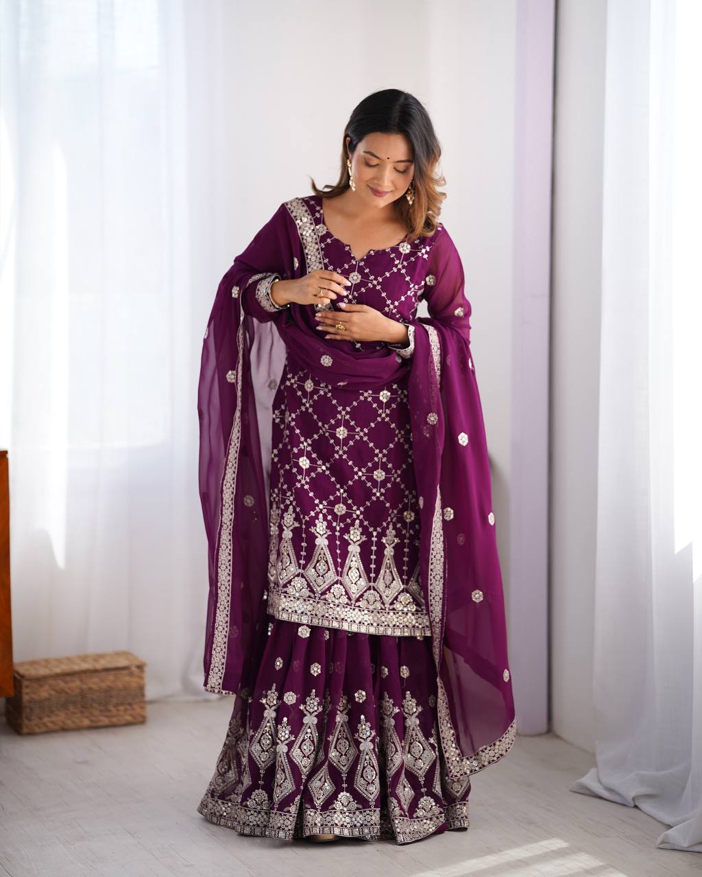 Party Wear Purple Color Faux Georgette And Thread With Sequence Work Sharara Suit