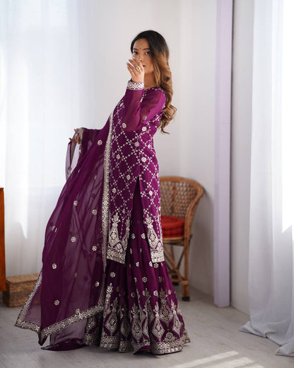 Party Wear Purple Color Faux Georgette And Thread With Sequence Work Sharara Suit