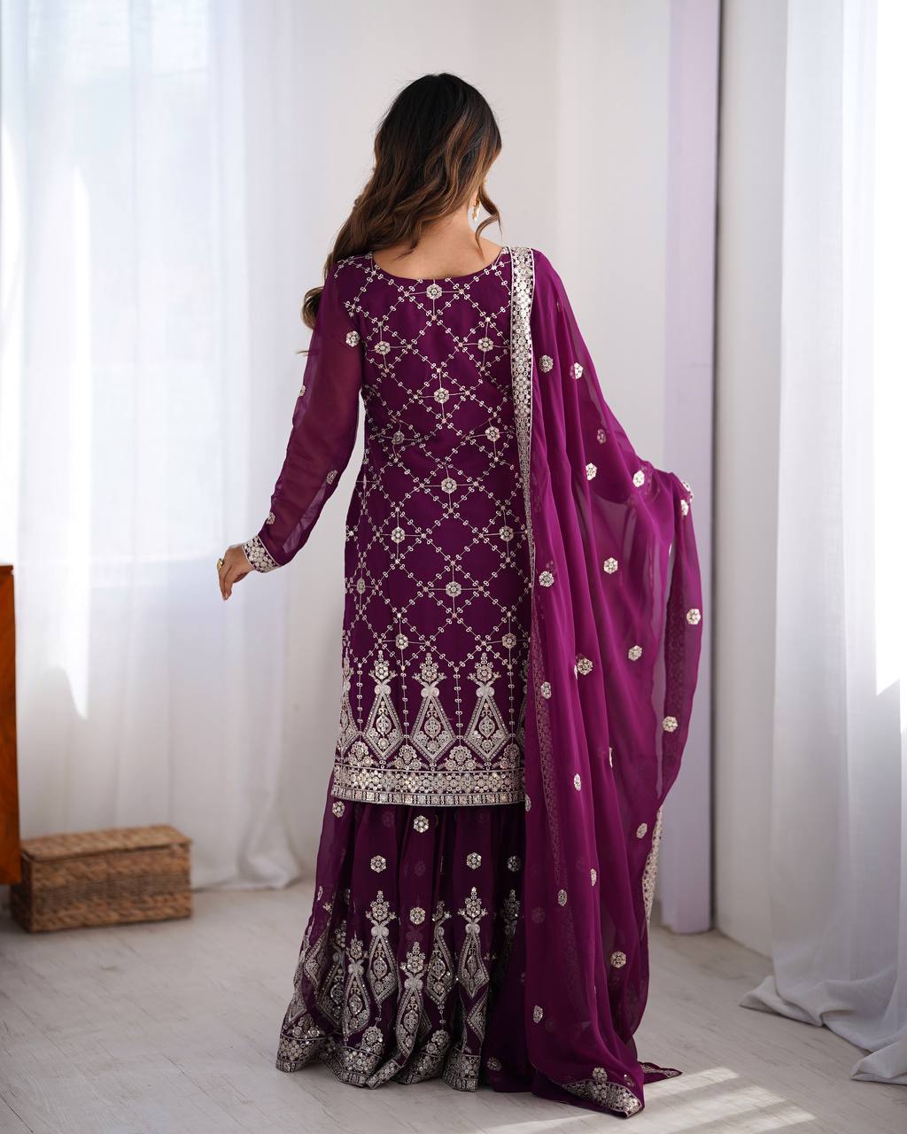 Party Wear Purple Color Faux Georgette And Thread With Sequence Work Sharara Suit