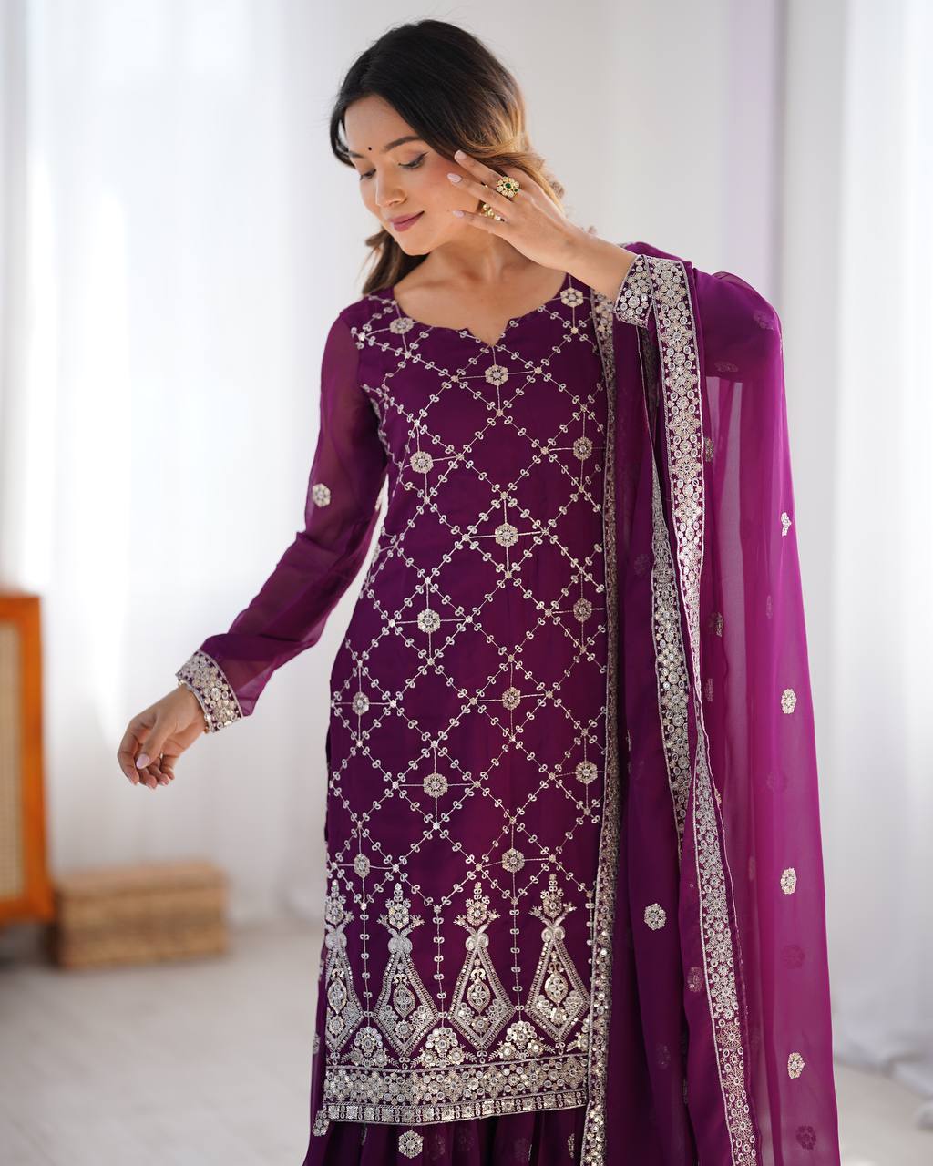 Party Wear Purple Color Faux Georgette And Thread With Sequence Work Sharara Suit