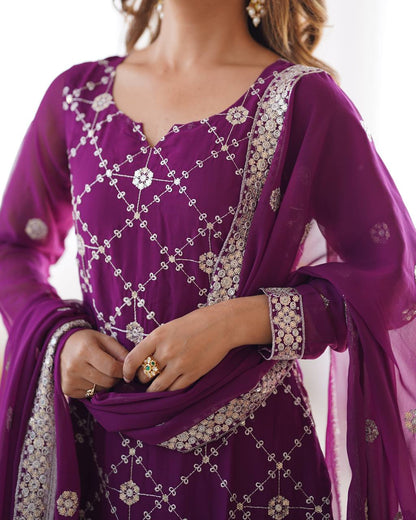Party Wear Purple Color Faux Georgette And Thread With Sequence Work Sharara Suit