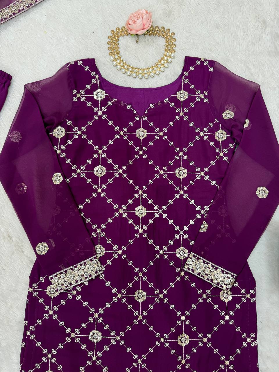 Party Wear Purple Color Faux Georgette And Thread With Sequence Work Sharara Suit