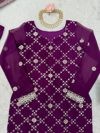 Party Wear Purple Color Faux Georgette And Thread With Sequence Work Sharara Suit