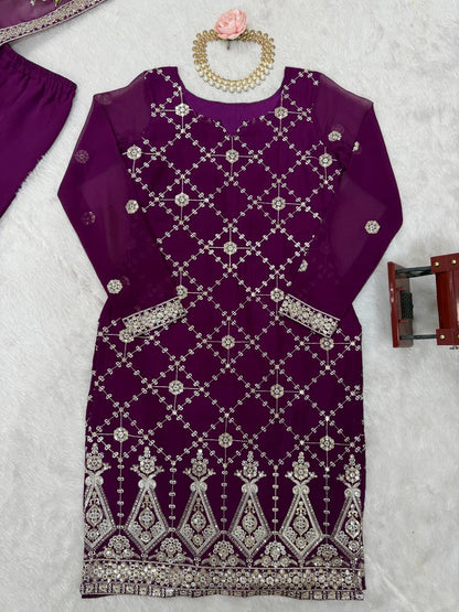 Party Wear Purple Color Faux Georgette And Thread With Sequence Work Sharara Suit