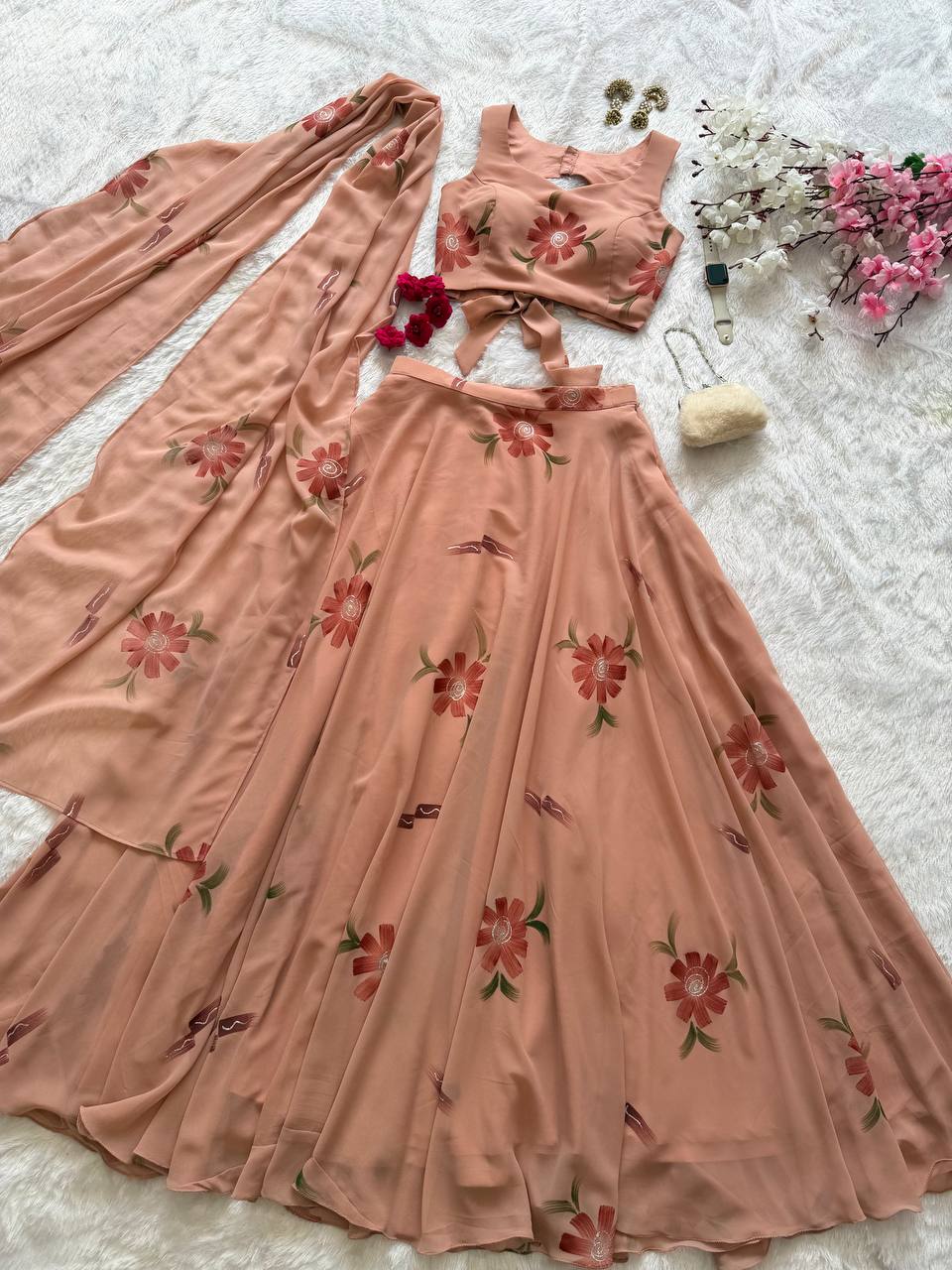 Demanding Peach Color Georgette Handpanited Lehenga Choli