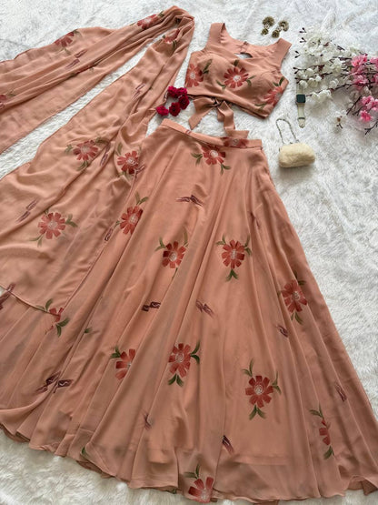 Demanding Peach Color Georgette Handpanited Lehenga Choli