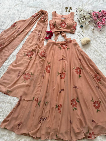 Demanding Peach Color Georgette Handpanited Lehenga Choli