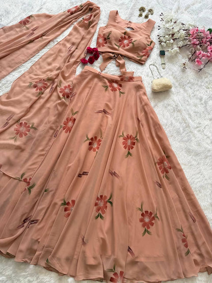Demanding Peach Color Georgette Handpanited Lehenga Choli