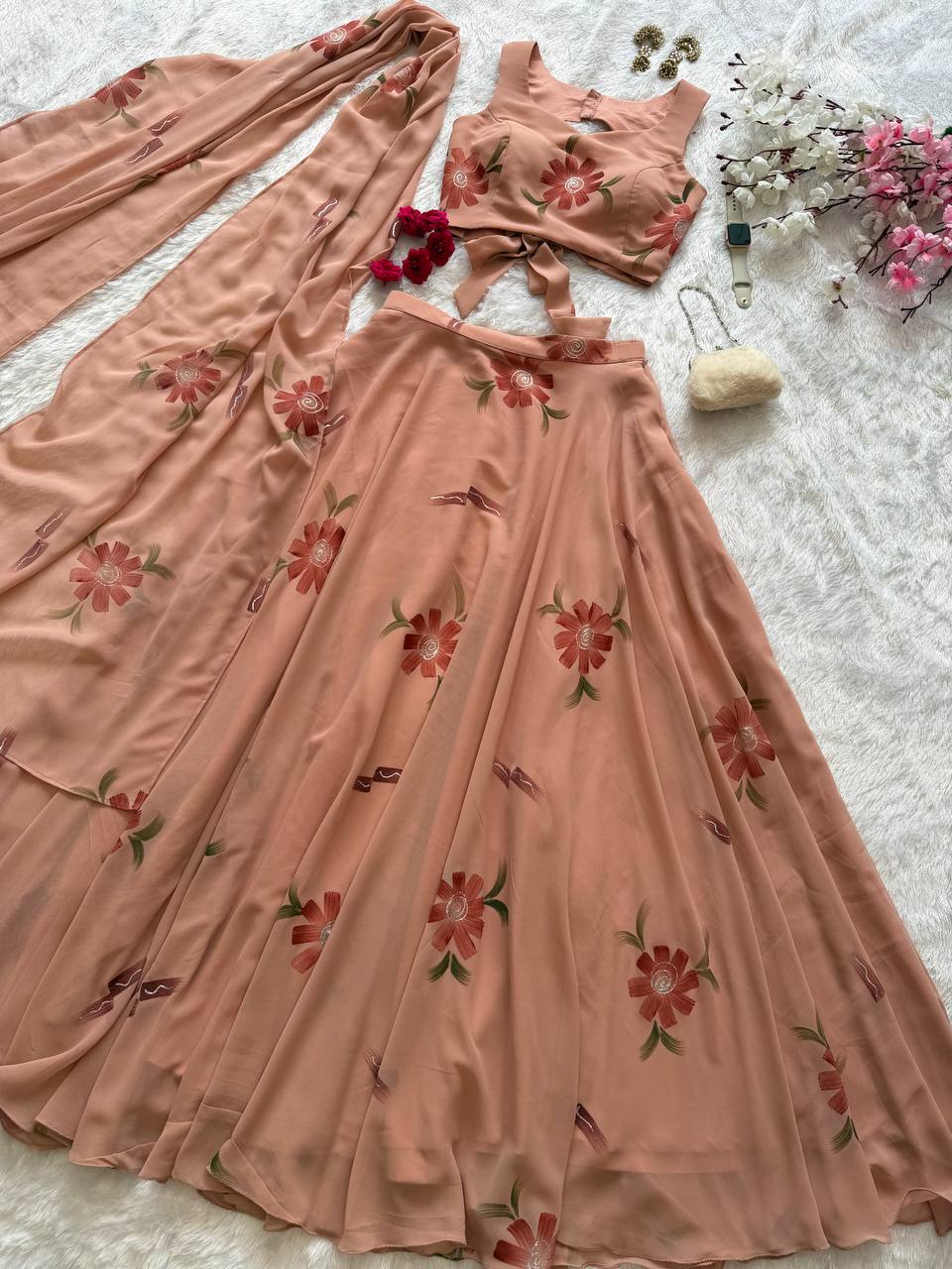 Demanding Peach Color Georgette Handpanited Lehenga Choli