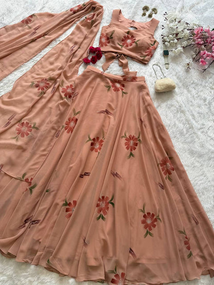 Demanding Peach Color Georgette Handpanited Lehenga Choli