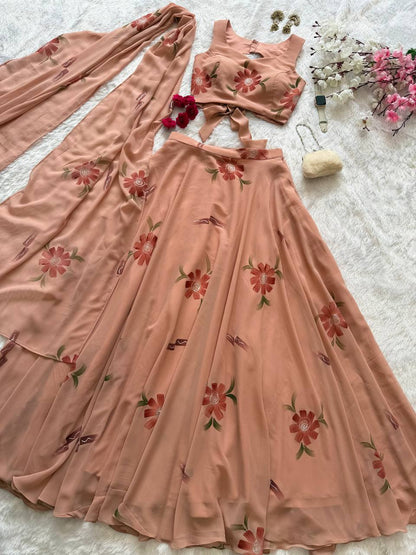 Demanding Peach Color Georgette Handpanited Lehenga Choli