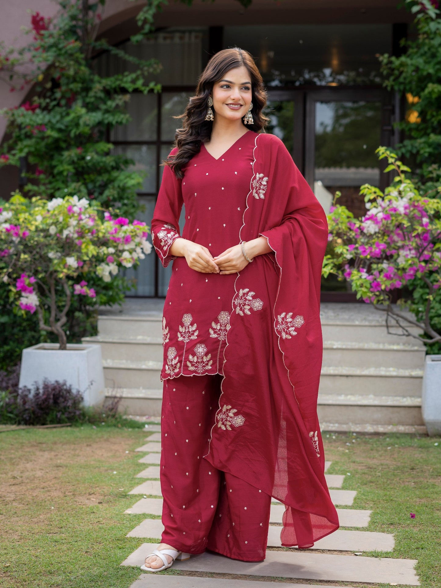 Ceremony Wear Maroon Color Chinnon Embroidered Palazzo Suit