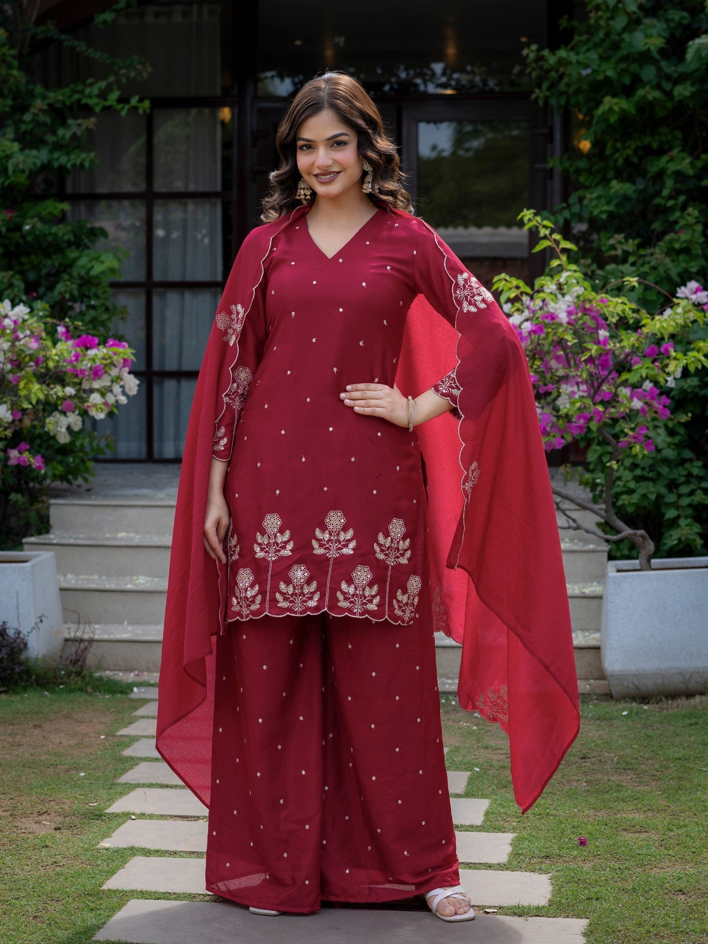 Ceremony Wear Maroon Color Chinnon Embroidered Palazzo Suit