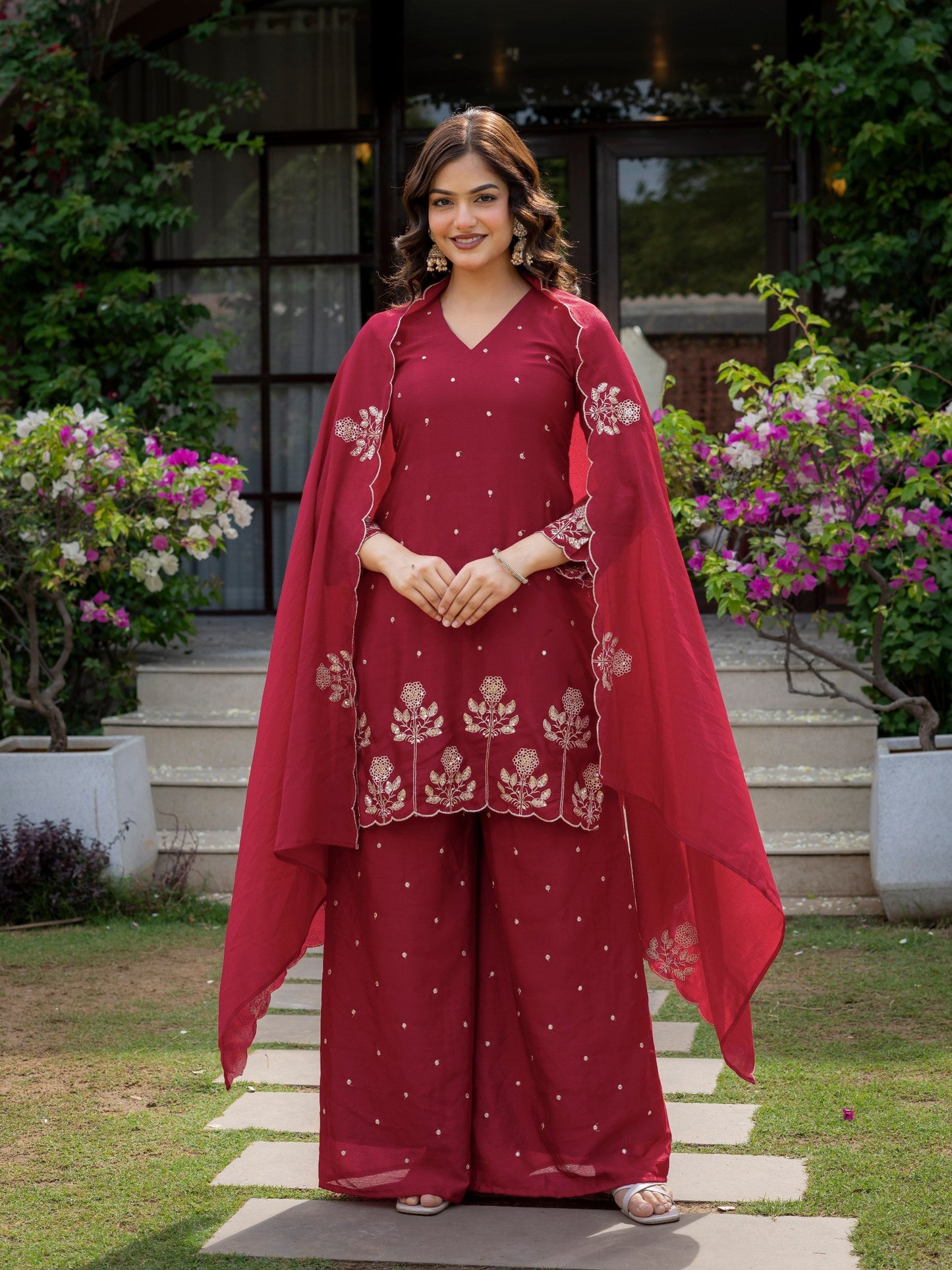 Ceremony Wear Maroon Color Chinnon Embroidered Palazzo Suit