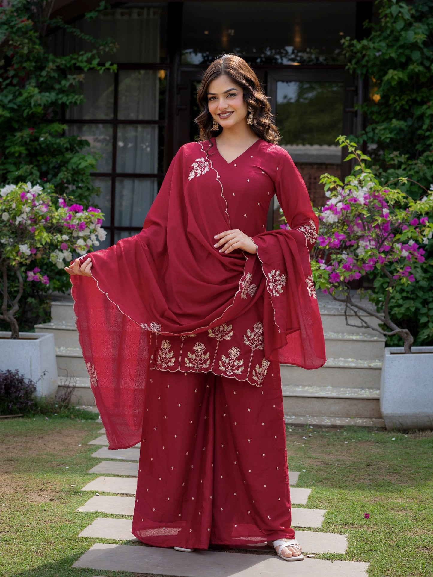 Ceremony Wear Maroon Color Chinnon Embroidered Palazzo Suit
