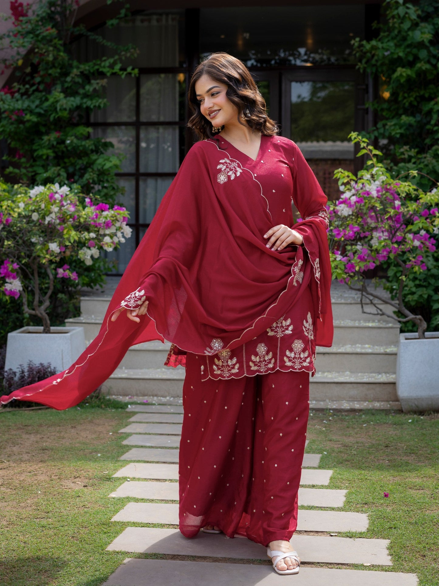 Ceremony Wear Maroon Color Chinnon Embroidered Palazzo Suit
