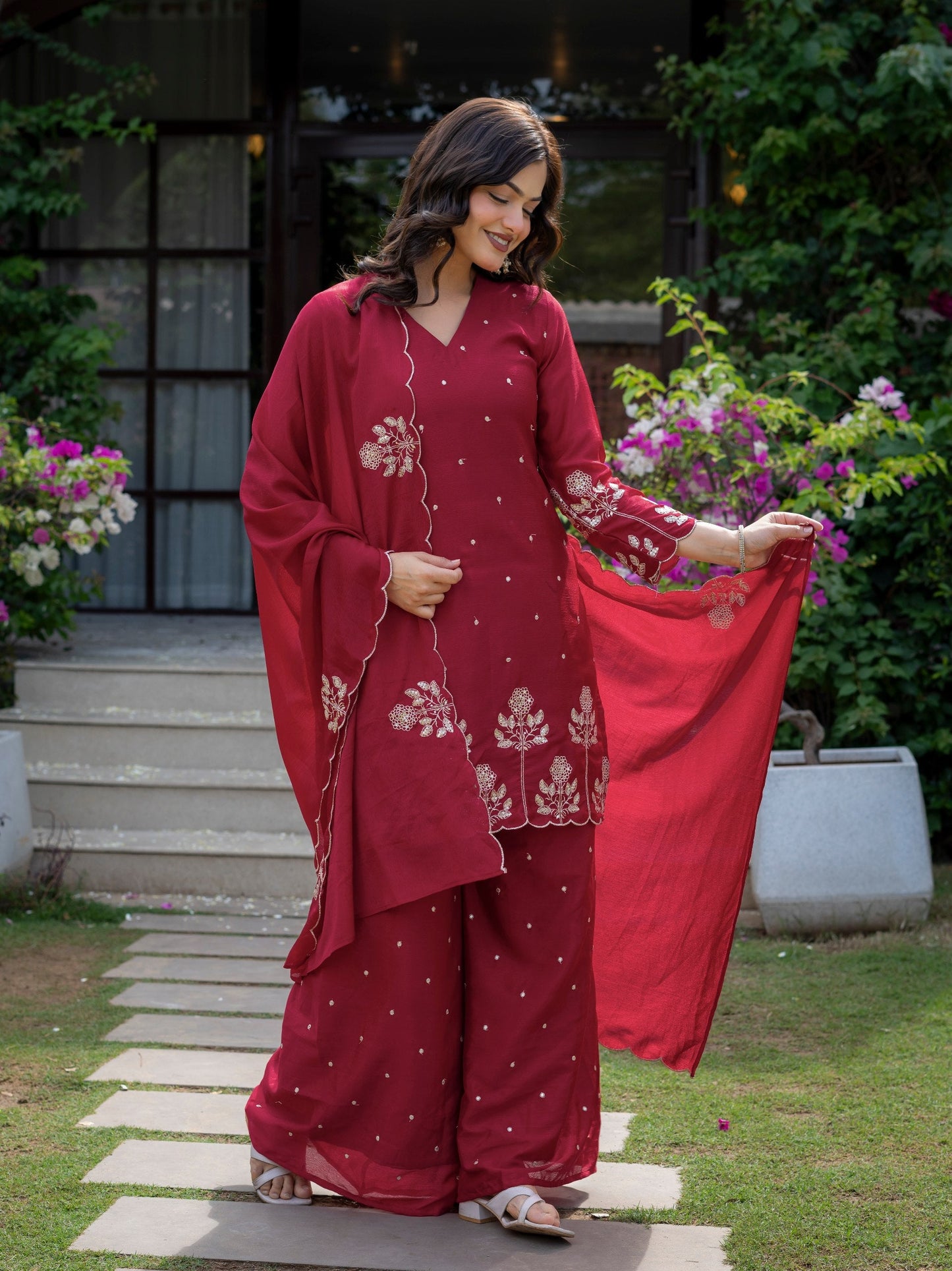 Ceremony Wear Maroon Color Chinnon Embroidered Palazzo Suit