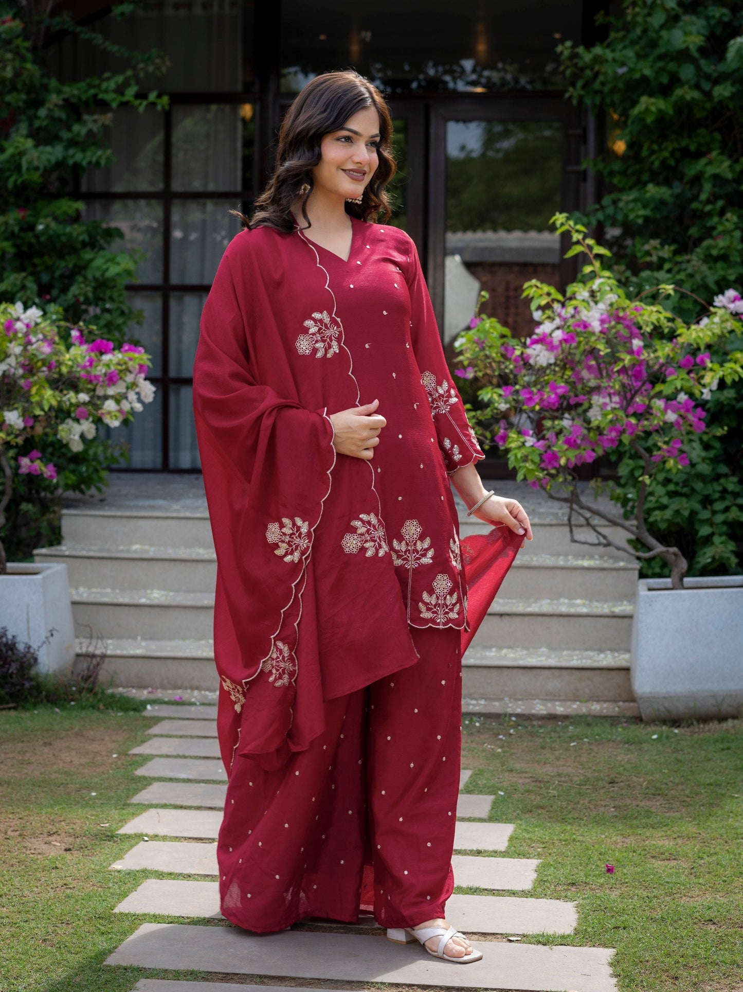 Ceremony Wear Maroon Color Chinnon Embroidered Palazzo Suit