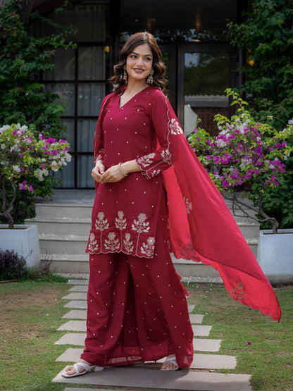 Ceremony Wear Maroon Color Chinnon Embroidered Palazzo Suit