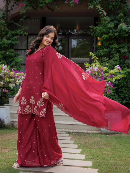 Ceremony Wear Maroon Color Chinnon Embroidered Palazzo Suit