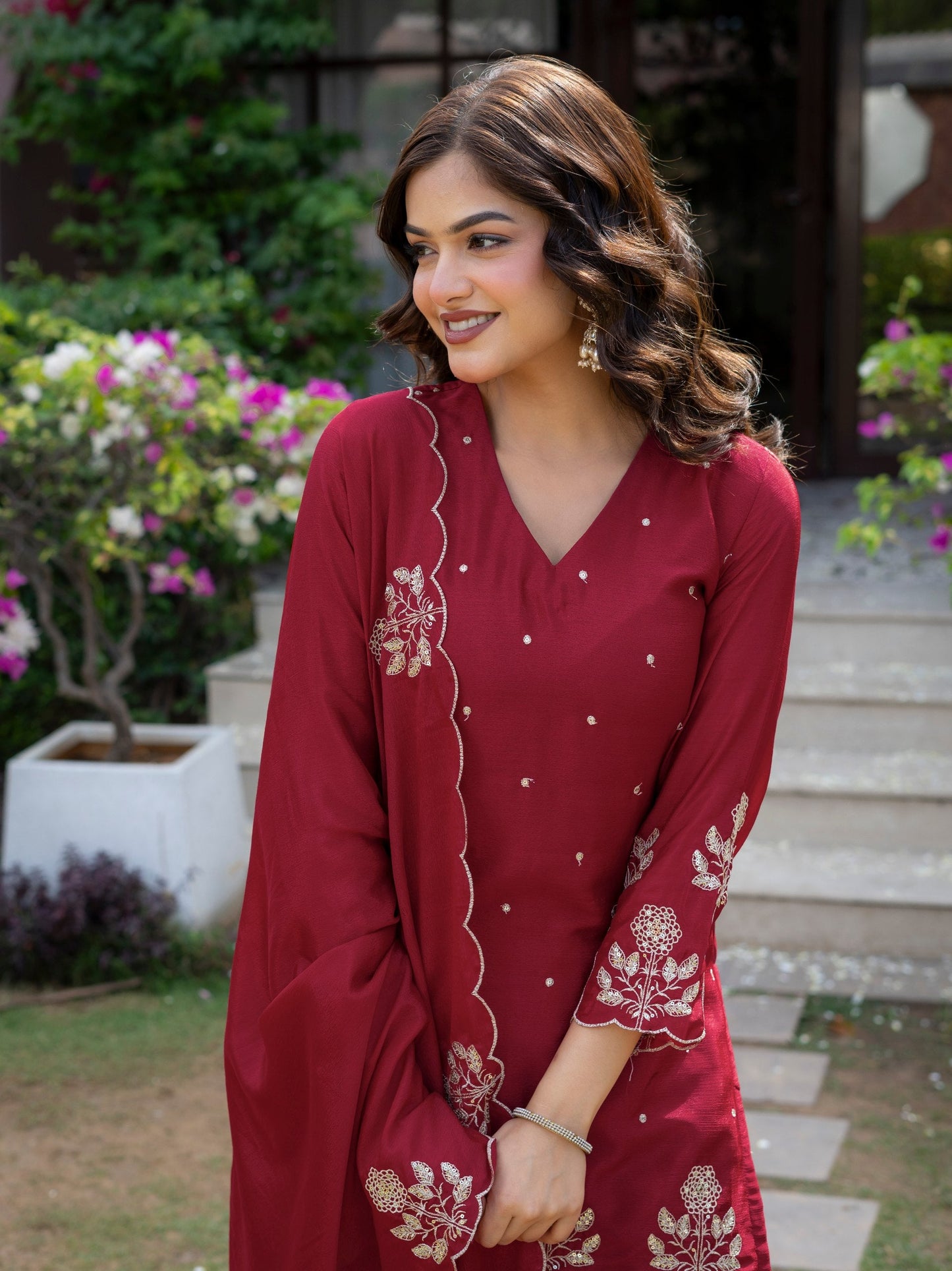 Ceremony Wear Maroon Color Chinnon Embroidered Palazzo Suit