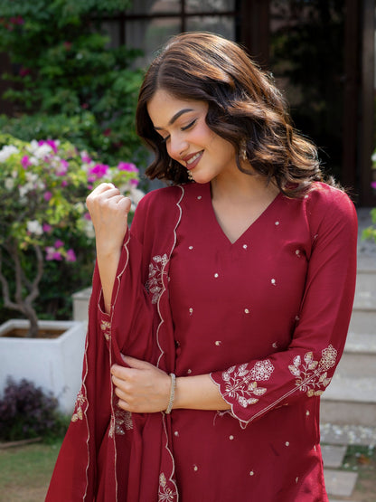 Ceremony Wear Maroon Color Chinnon Embroidered Palazzo Suit