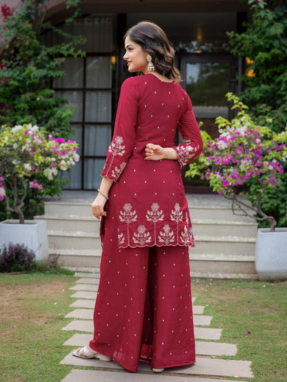 Ceremony Wear Maroon Color Chinnon Embroidered Palazzo Suit