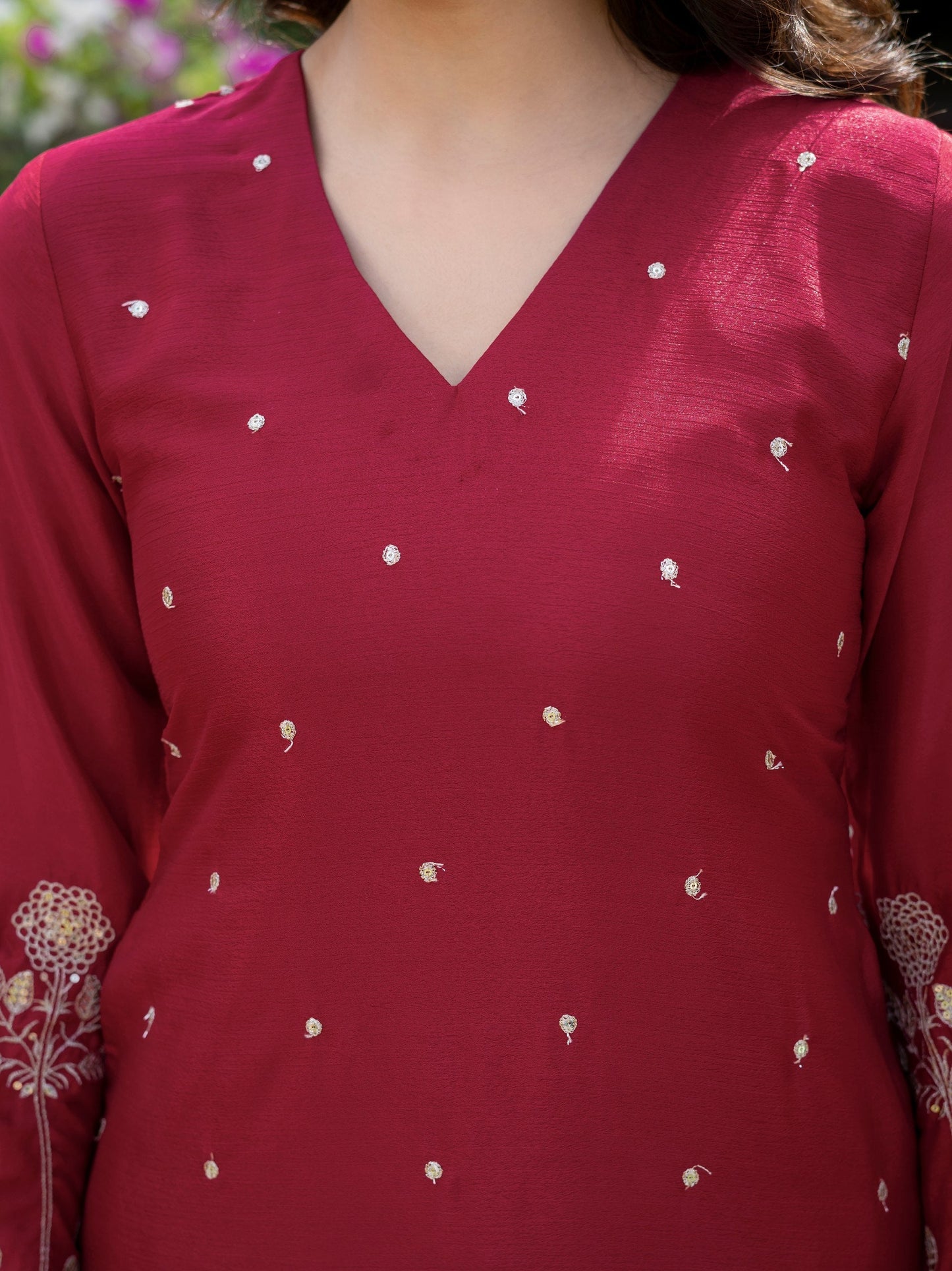 Ceremony Wear Maroon Color Chinnon Embroidered Palazzo Suit