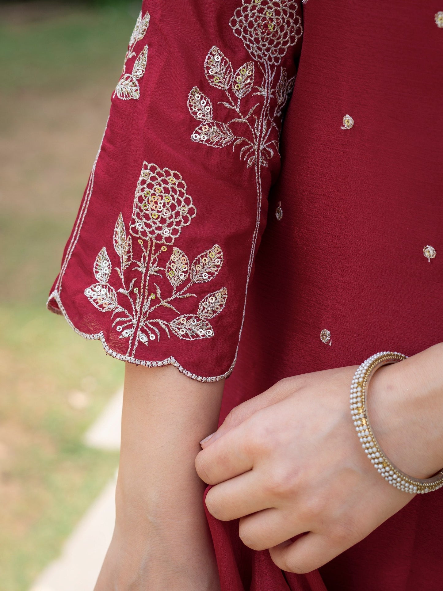 Ceremony Wear Maroon Color Chinnon Embroidered Palazzo Suit