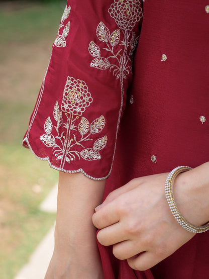 Ceremony Wear Maroon Color Chinnon Embroidered Palazzo Suit