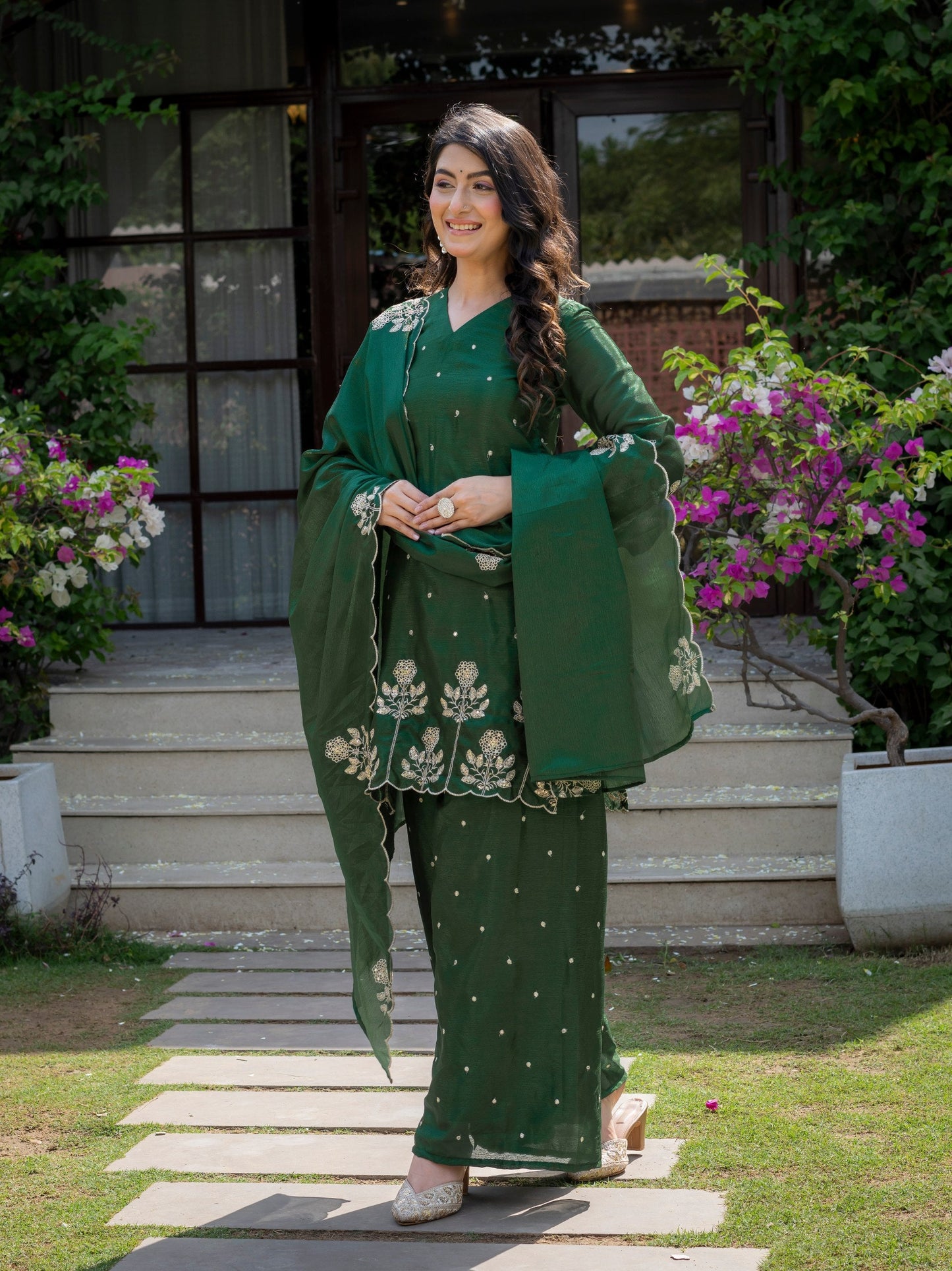 Festival Wear Green Color Chinnon Embroidered Palazzo Suit