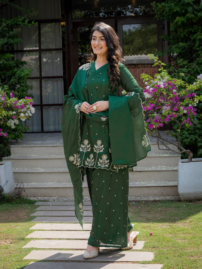 Festival Wear Green Color Chinnon Embroidered Palazzo Suit