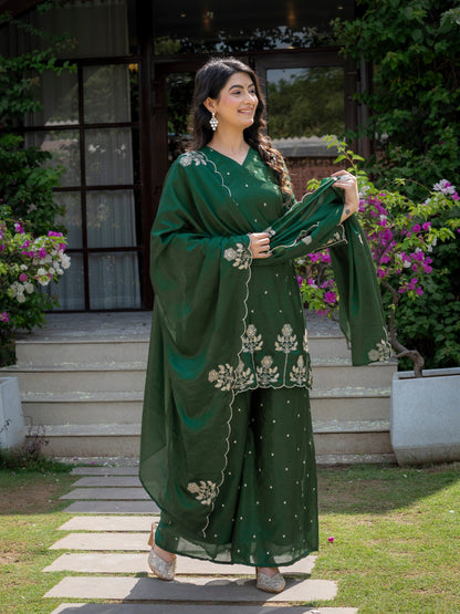 Festival Wear Green Color Chinnon Embroidered Palazzo Suit