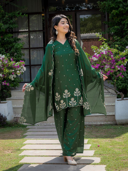 Festival Wear Green Color Chinnon Embroidered Palazzo Suit