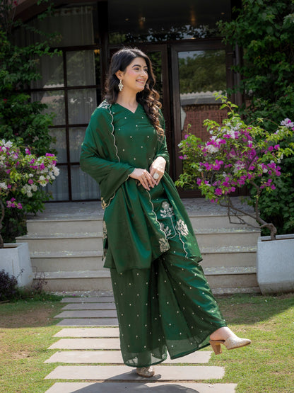 Festival Wear Green Color Chinnon Embroidered Palazzo Suit