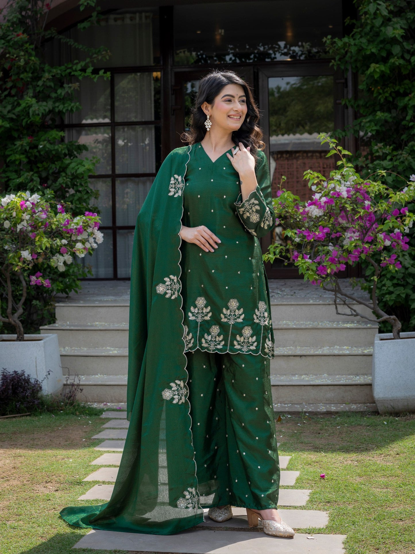 Festival Wear Green Color Chinnon Embroidered Palazzo Suit