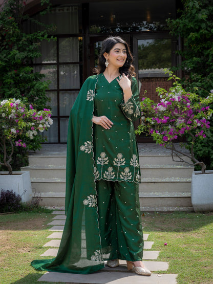 Festival Wear Green Color Chinnon Embroidered Palazzo Suit