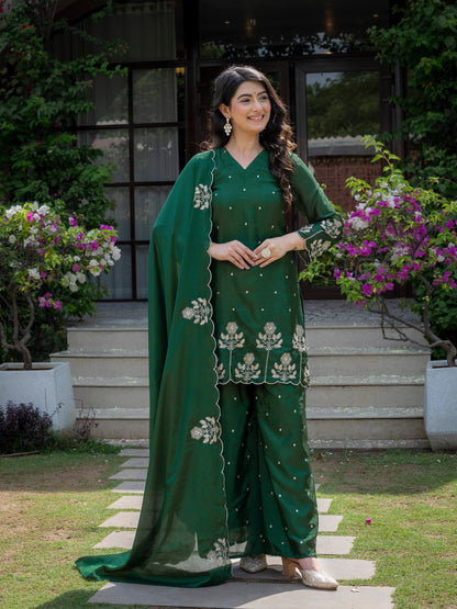 Festival Wear Green Color Chinnon Embroidered Palazzo Suit