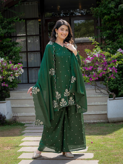 Festival Wear Green Color Chinnon Embroidered Palazzo Suit
