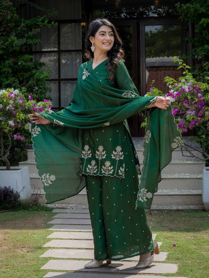 Festival Wear Green Color Chinnon Embroidered Palazzo Suit