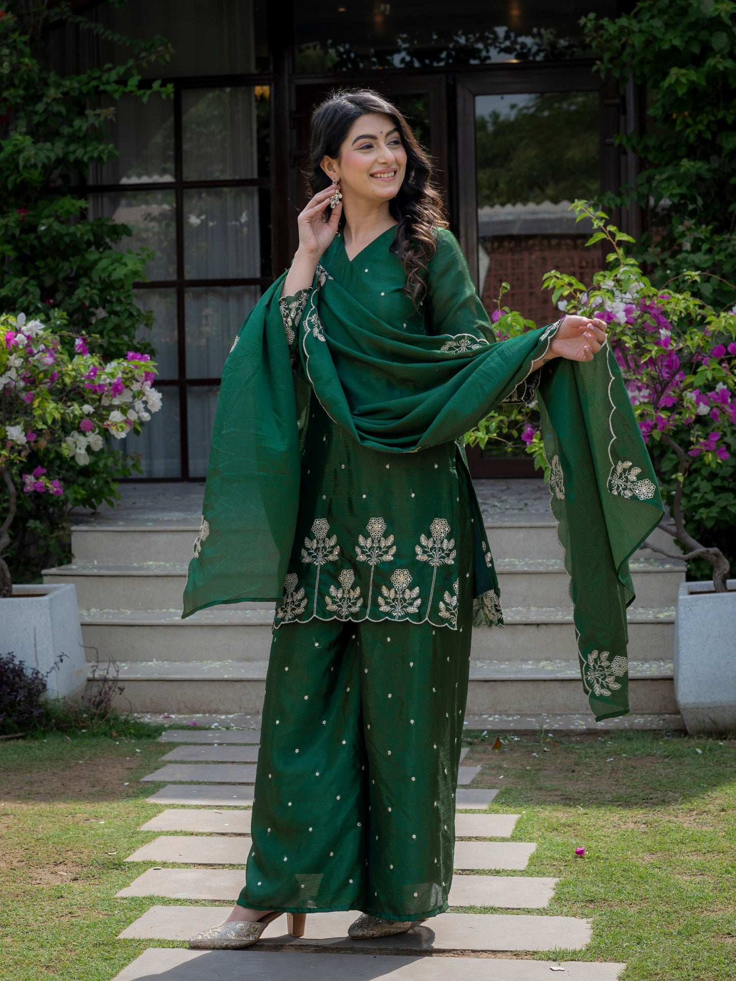 Festival Wear Green Color Chinnon Embroidered Palazzo Suit