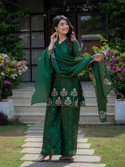 Festival Wear Green Color Chinnon Embroidered Palazzo Suit