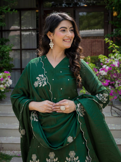 Festival Wear Green Color Chinnon Embroidered Palazzo Suit