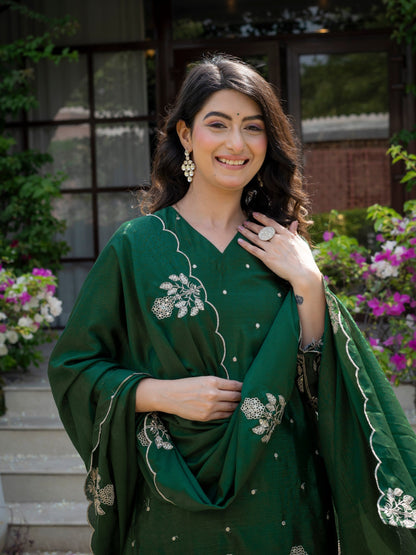 Festival Wear Green Color Chinnon Embroidered Palazzo Suit