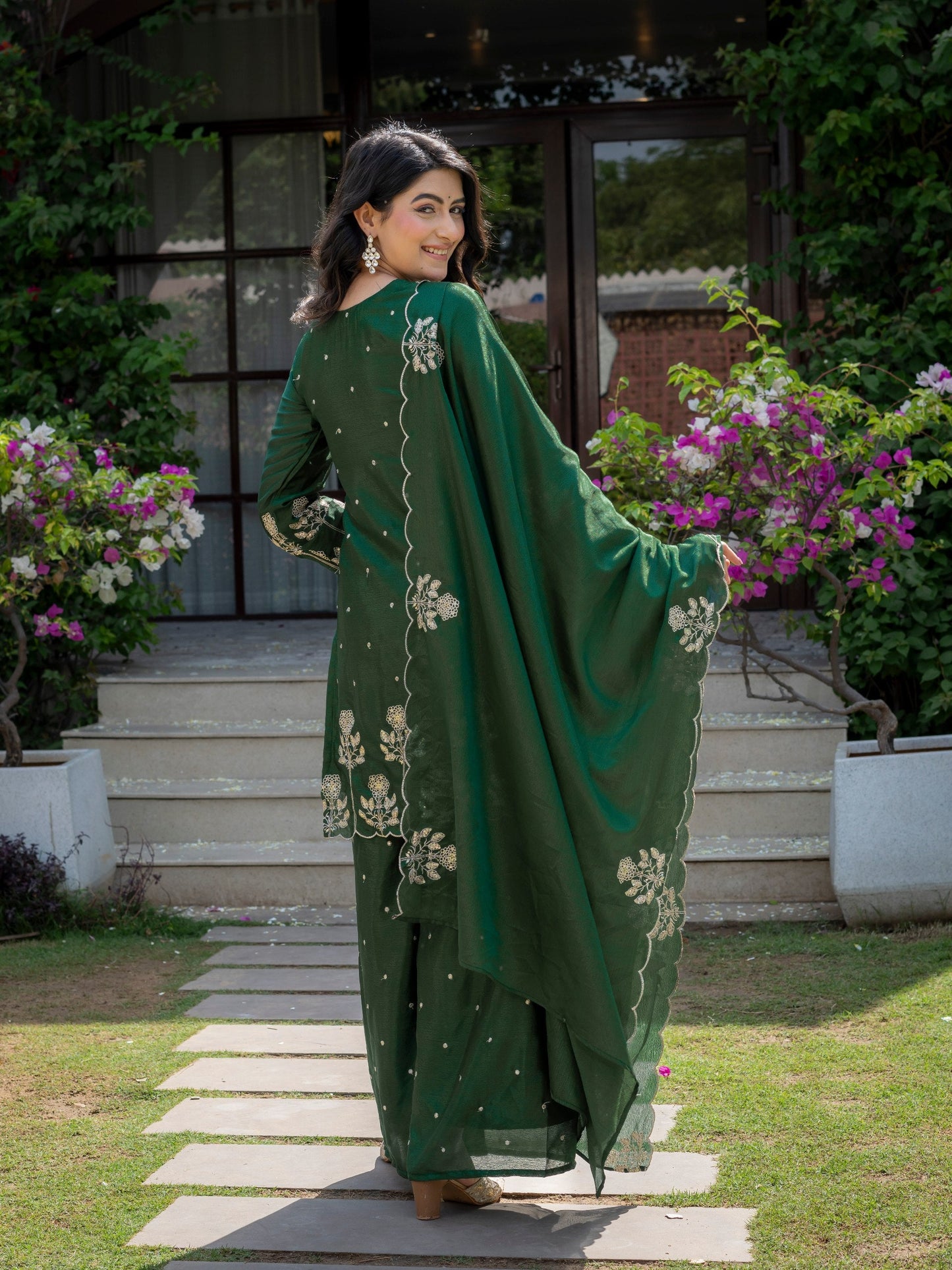 Festival Wear Green Color Chinnon Embroidered Palazzo Suit