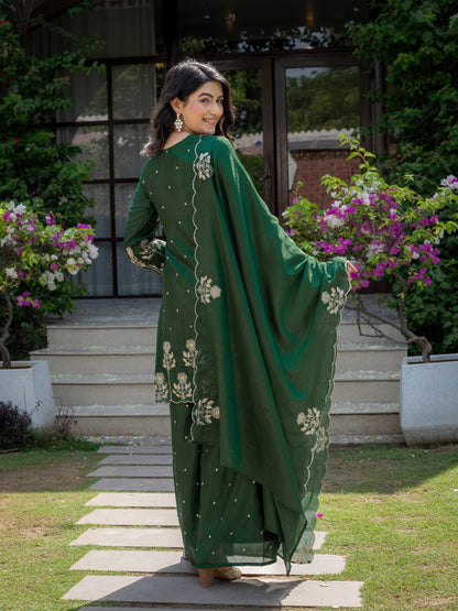 Festival Wear Green Color Chinnon Embroidered Palazzo Suit