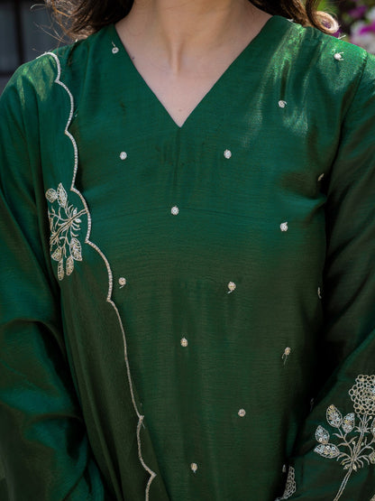 Festival Wear Green Color Chinnon Embroidered Palazzo Suit